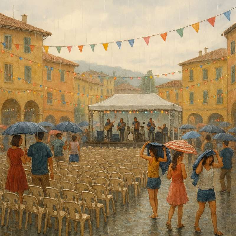 Italian summer village festival scene during a light rain